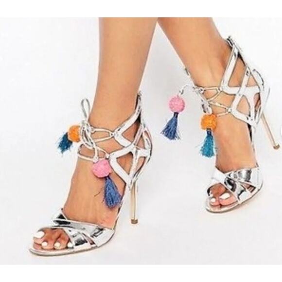 Sam Edelman Shoes - Sam Edelman Azela Silver Tassel Pom Heels Open Toe Strappy Heels Size 8.5